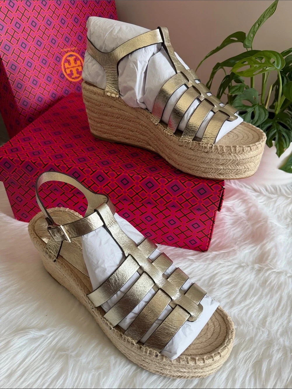 Tory Burch Metallic Gold Leather Espadrille Wedge Sandals
